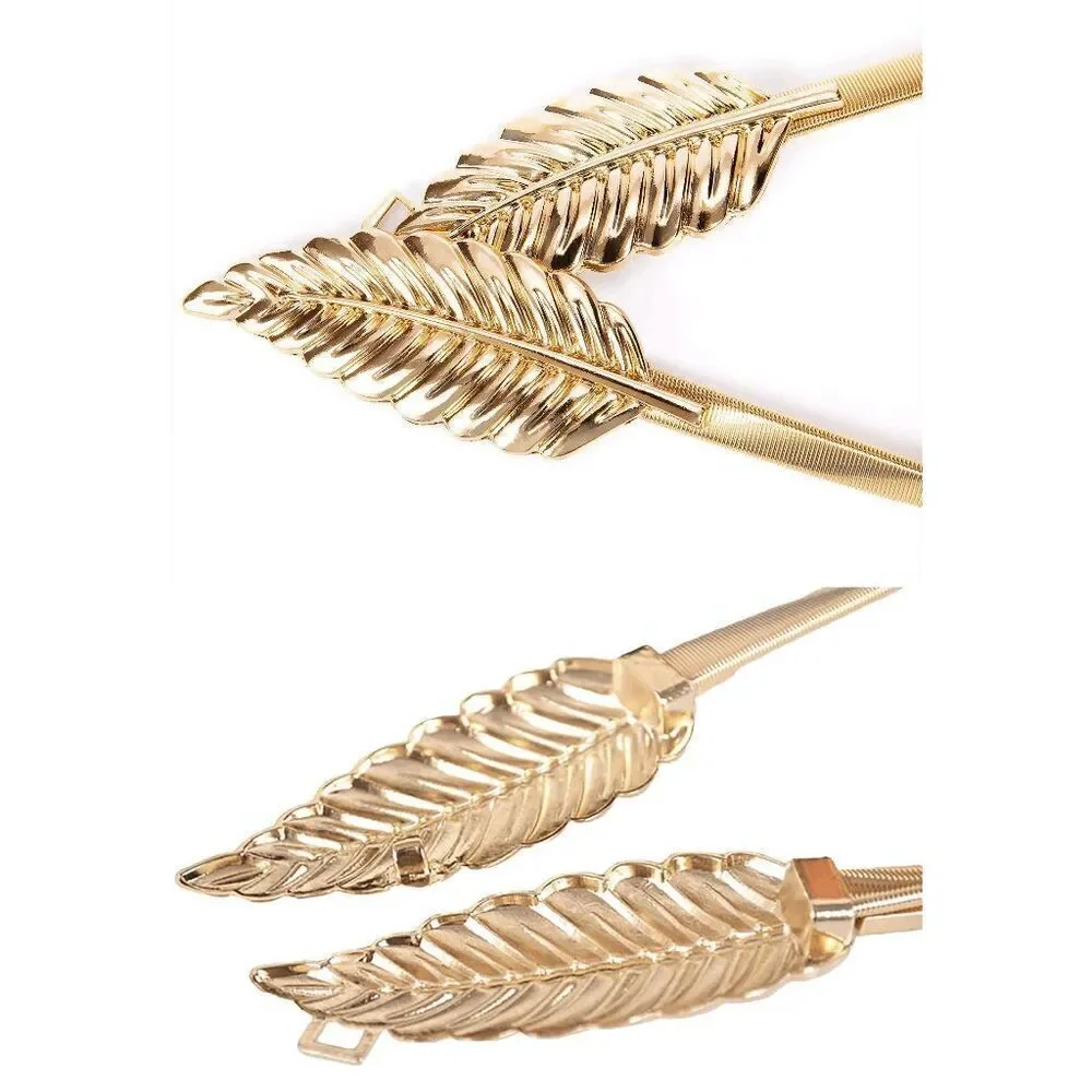 ✨🍃 Leaf Buckle Stretchy Elastic Greek Goddess Gold Silver Metal Dress Belt NEW